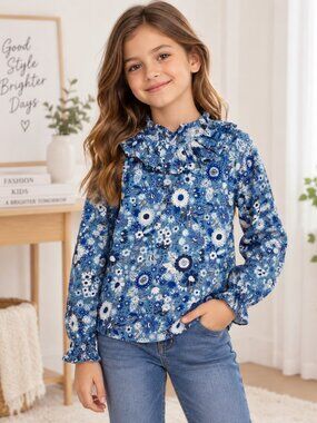 Girls Blue Floral Ruffle Collar Blouse 100% Cotton Size 9/10